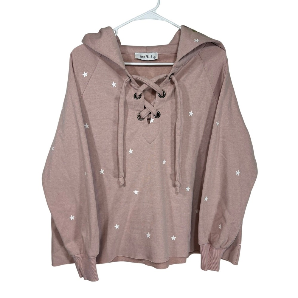 Soft Girl Star Print Hoodie L Lace Up Cottagecore Coquette Cozy Sweatshirt